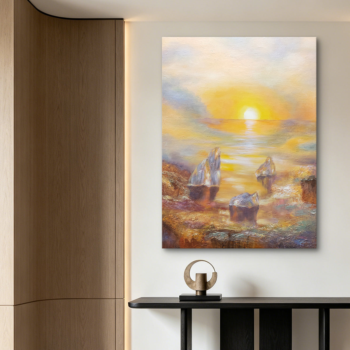 Golden Tide – Original Hand Painted Abstract Ocean Oil Painting on Canvas | Coastal Landscape Wall Art