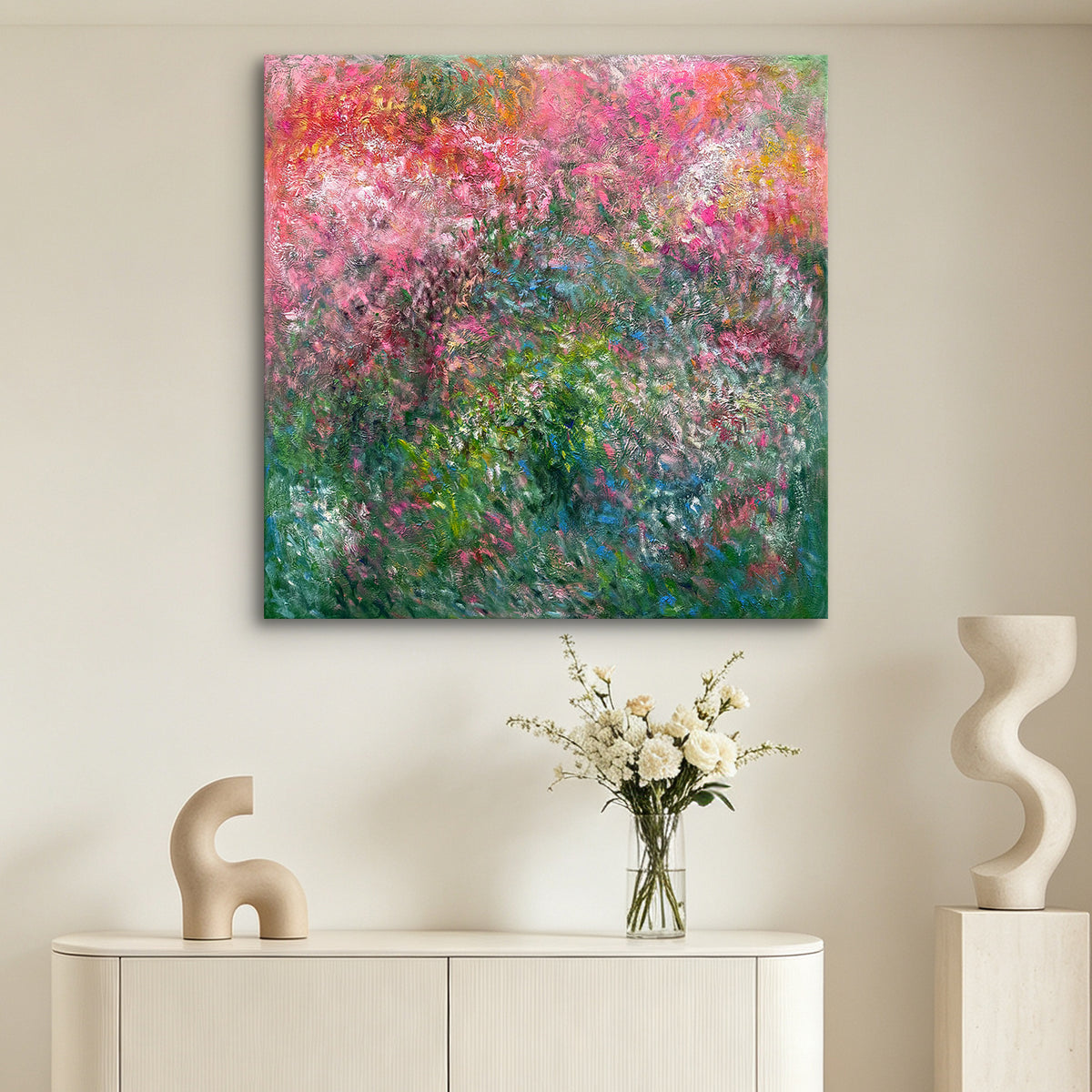 Secret Garden – Impressionistic Abstract Oil Painting | Pink & Green Botanical Art