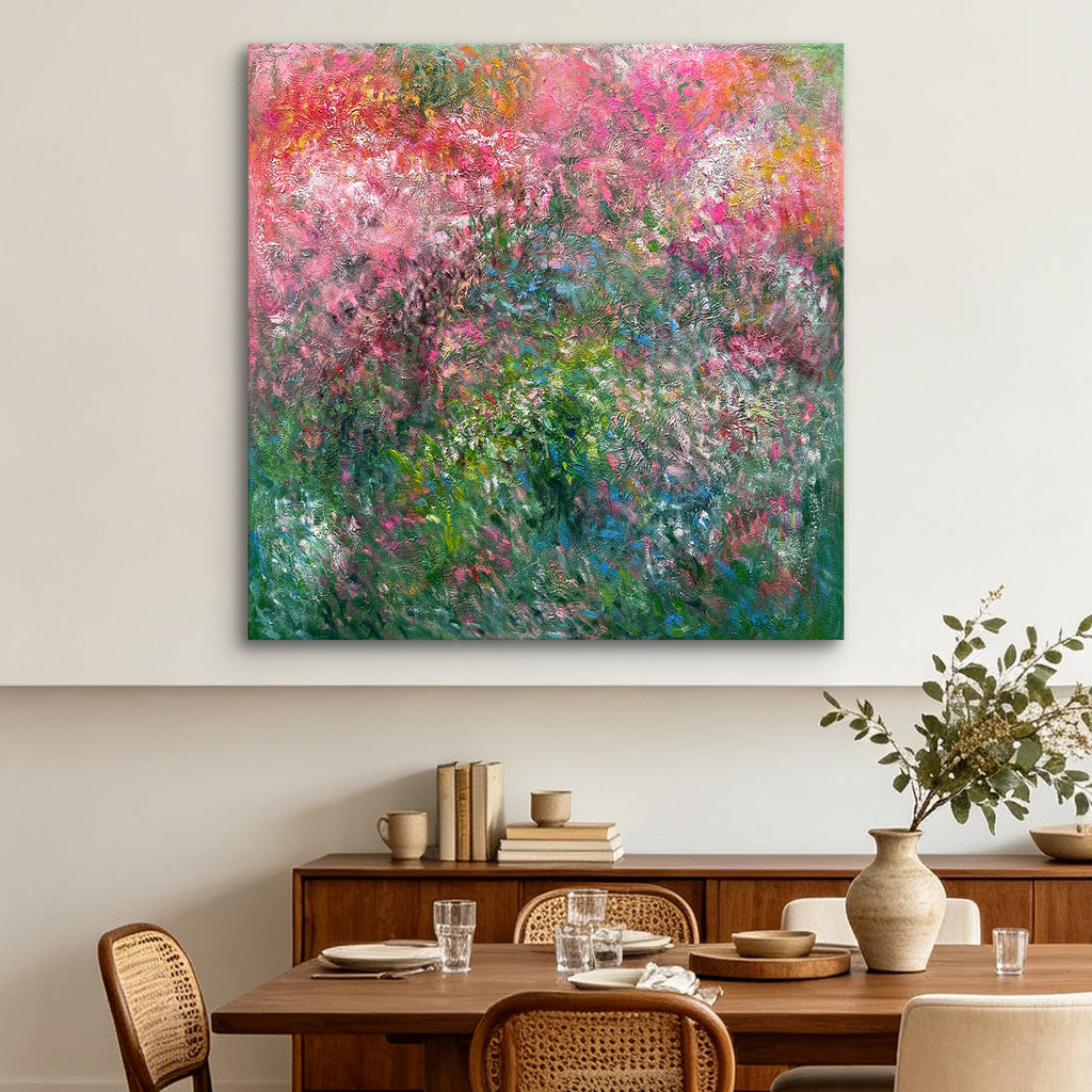 Secret Garden – Impressionistic Abstract Oil Painting | Pink & Green Botanical Art
