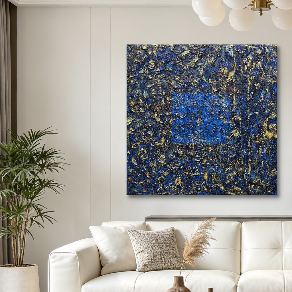 Midnight Alchemy – Blue & Gold Textured Abstract Oil Painting | Modern Wall Art