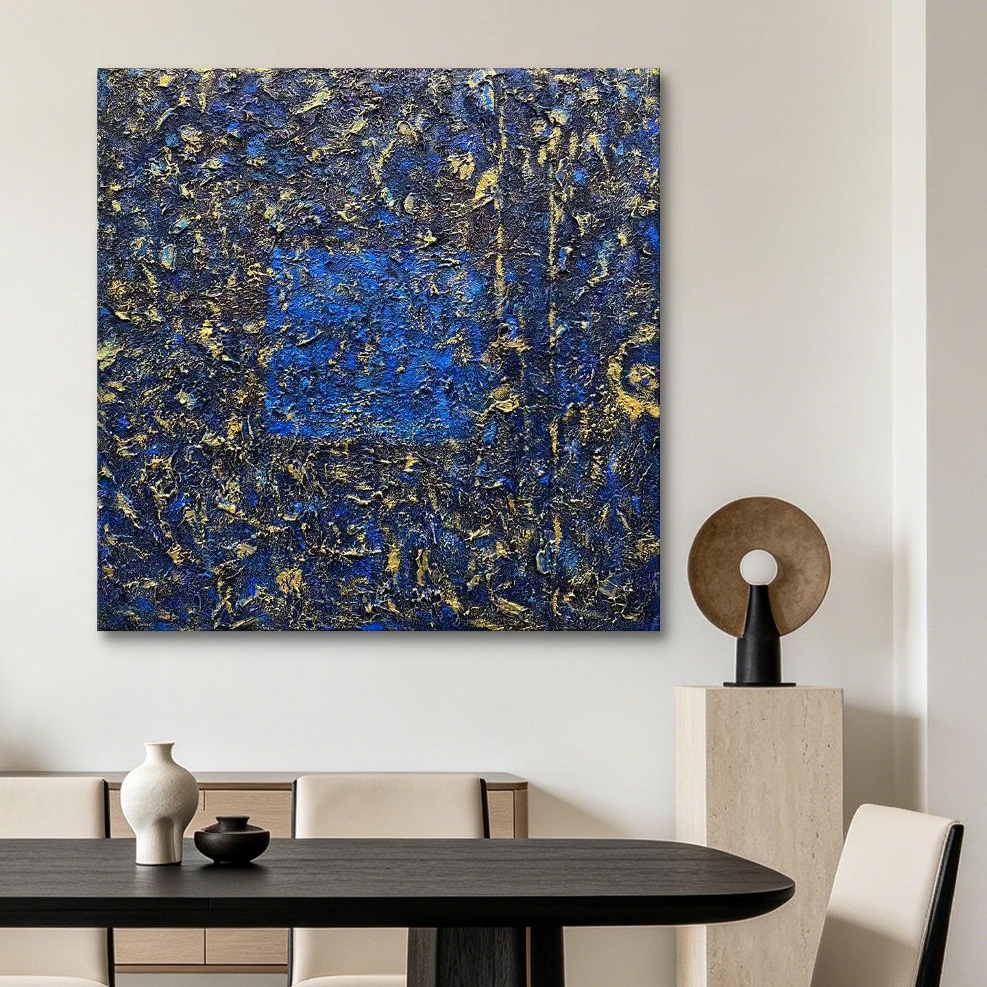 Midnight Alchemy – Blue & Gold Textured Abstract Oil Painting | Modern Wall Art